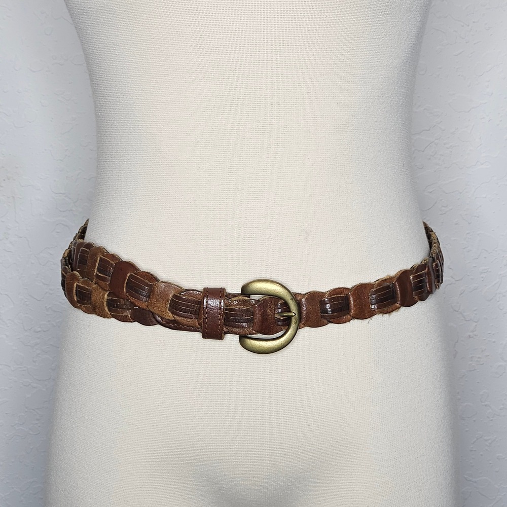 Brown Woven Leather Belt Brass Buckle Genuine Leather Boho Classic Women's M L